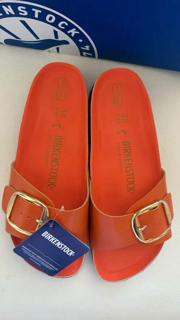 Birkenstock Madrid Soft Footbed Slide - Orange with Gold Buckles - Image 2