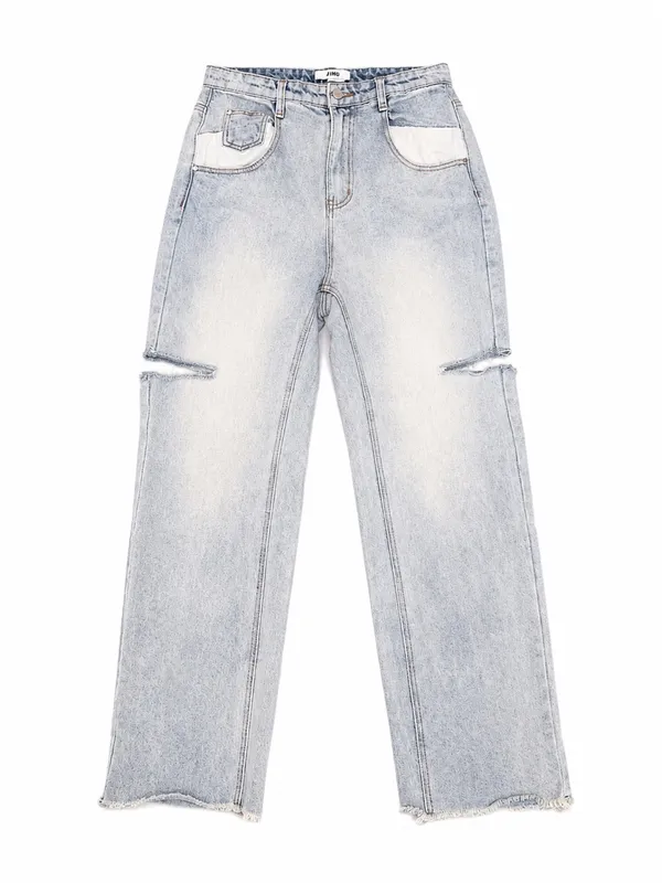 J.ING Light Wash Distressed Cutout Knee High Rise Wide Leg Jeans Raw Hem - Image 2