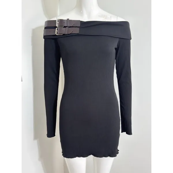 Y2K Black Off Shoulder Sweater Mini Dress Buckle Ribbed Knit Goth Grunge M - Image 2