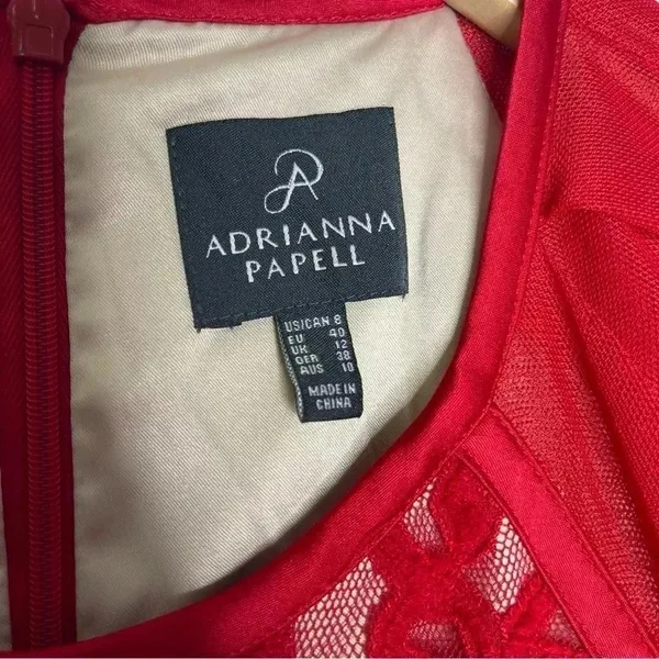 Adrianna Papell Dress Women's Cap Sleeve Red Tonal Piped Lace Knee Length Size 8 - Image 5