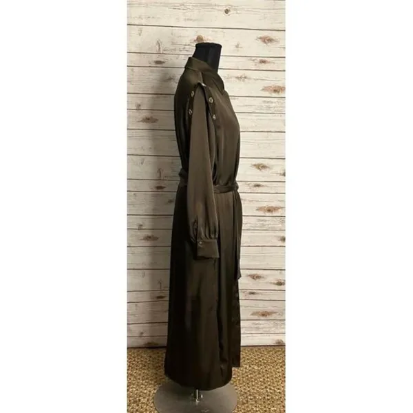 Zara olive green satin grommet detail belted Ring Trim maxi shirtdress Size M - Image 11