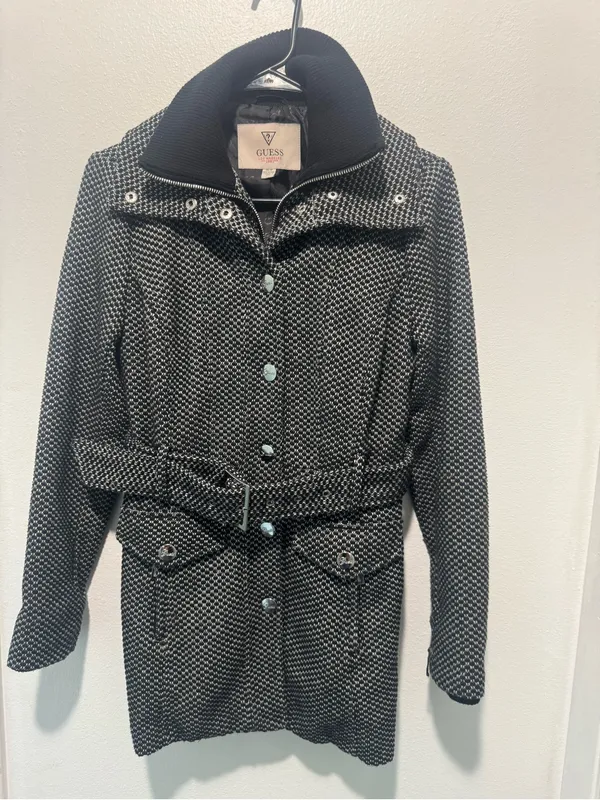 Guess Woven Black & White Belted Trench Coat Jacket - Image 2