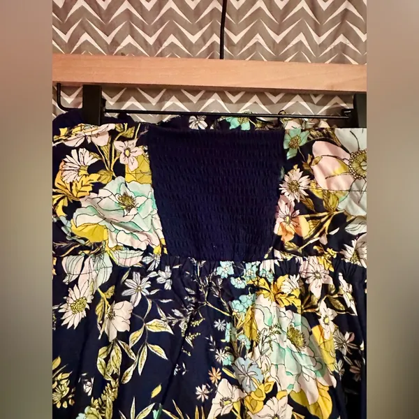 Anthropologie | Floral Ruffled Strapless Blue A-Line Dress, Size M - Image 7