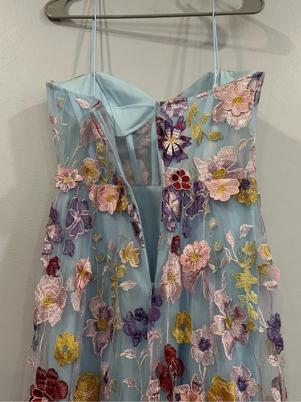Mac Duggal 56331 Blue Spaghetti Strap Floral Embroidered A-Line Gown Sz 6 - Image 5