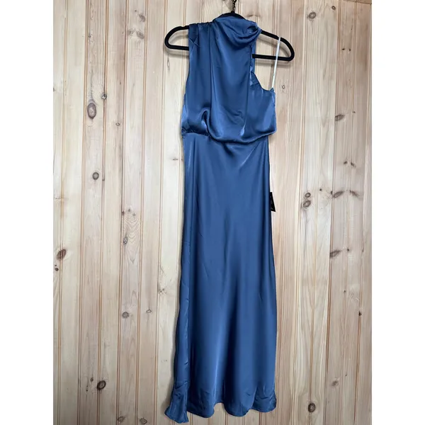 NWT Lulus Distinctive Charm Slate Blue Satin Asymmetrical Midi Dress Wedding S - Image 2