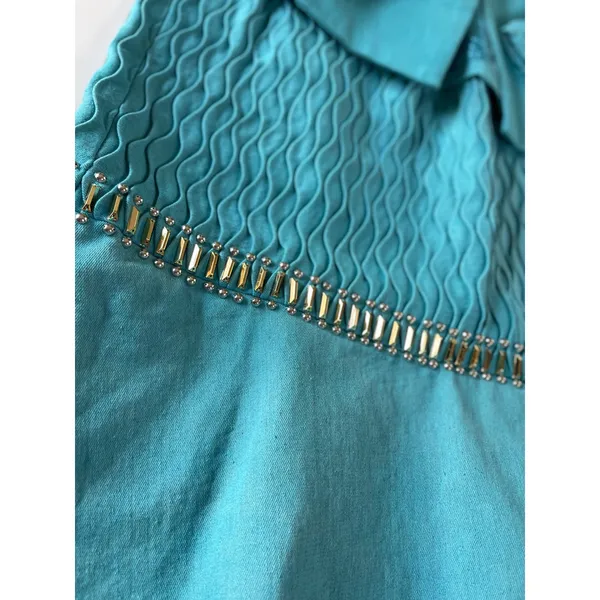 Odeliah Denim Teal Blue Smocked Studded Skirt & Jacket Set Size 16 Vintage Style - Image 3