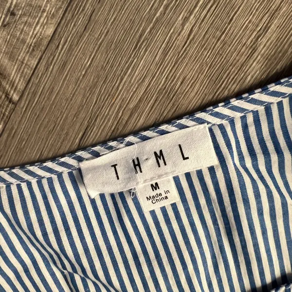THML blue and white striped embroidered top size M - Image 8