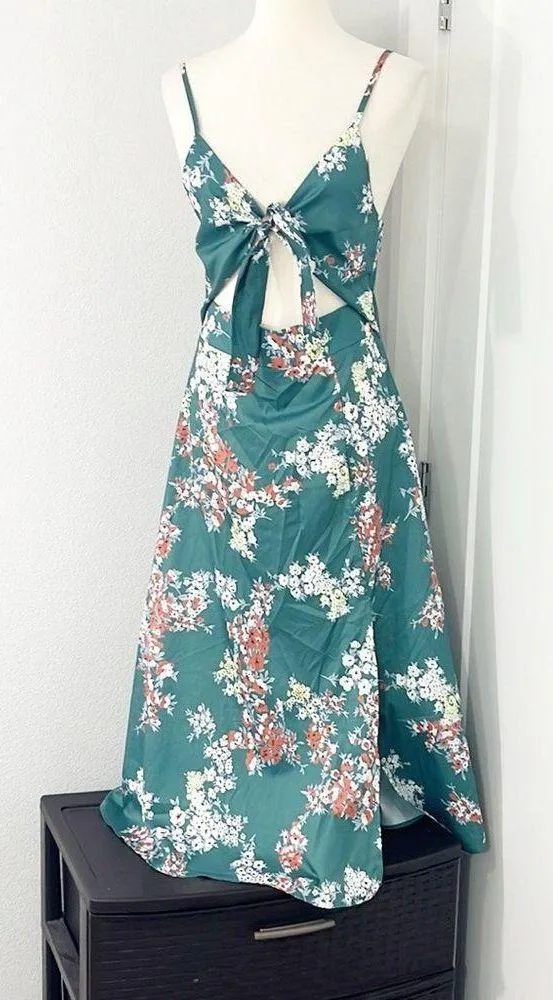 Medium Green, White Floral Tie Front Faux Wrap Midi Dress - Image 8