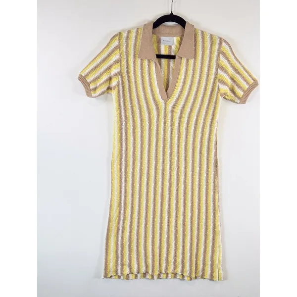 Rue Stiic Womens Dress Yellow Mini Sweater V Neck Striped Short Sleeve Size XS - Image 5