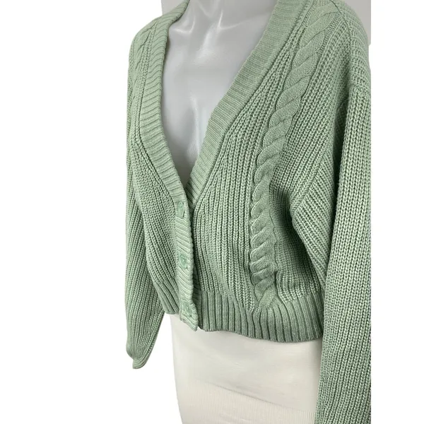 H&M Women's Green Cable Knit Ribbed V Neck Button Up Cardigan Sweater Top Size S - Image 2