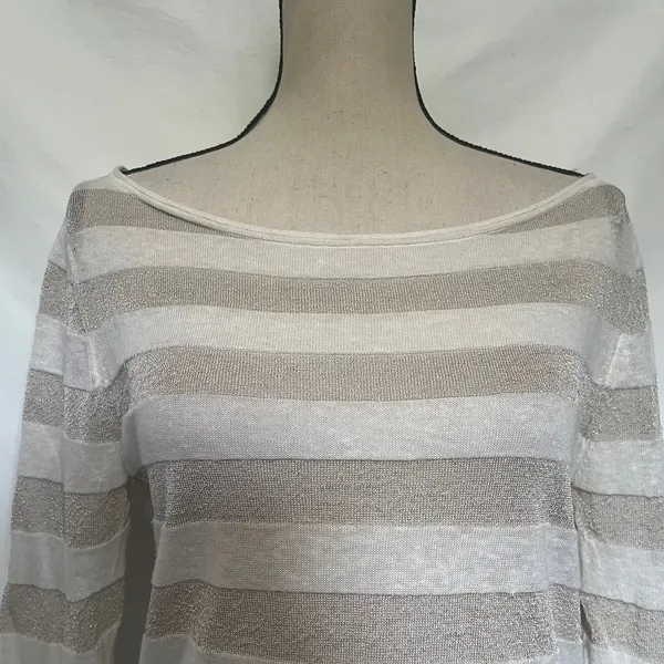 Tory Burch Metallic Stripe Tunic Sweater Sz M Coastal Quiet Luxury Bateau Preppy - Image 3