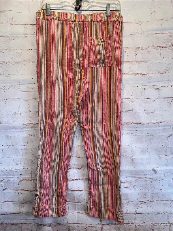 Sundance Pink Tan Stripe elastic Waist Bakari Beachy Pants Roll Tab Hem S pocket - Image 5