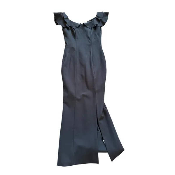 Elliatt Black Wide Neck Ruffle Shoulder Thigh High Slit Maxi Dress Wedding Guest - Image 2
