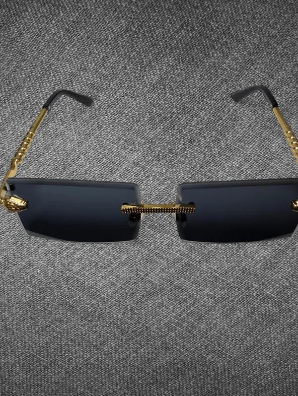 Black Rimless Rectangle Gold Serpent Y2K Sunglasses - Image 3