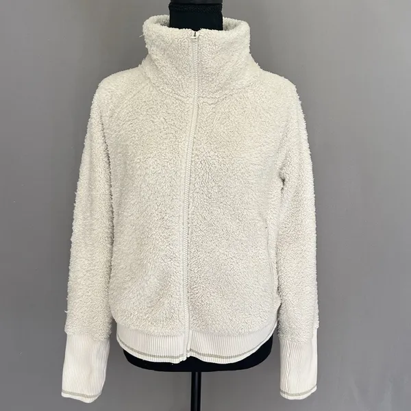 Athleta Tugga Jacket Womens M Sherpa Teddy Fleece Full Zip Cozy Ivory‎ Medium - Image 3
