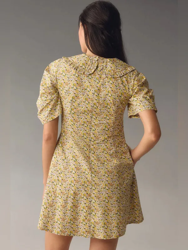Anthropologie Yellow Floral Mini Dress Ruffle Short Sleeve Collared Printed SZ 4 - Image 2