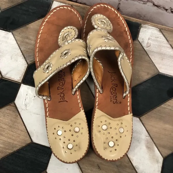 Jack Rogers Hamptons Leather‎ Sandal In Beige Tan - Image 4