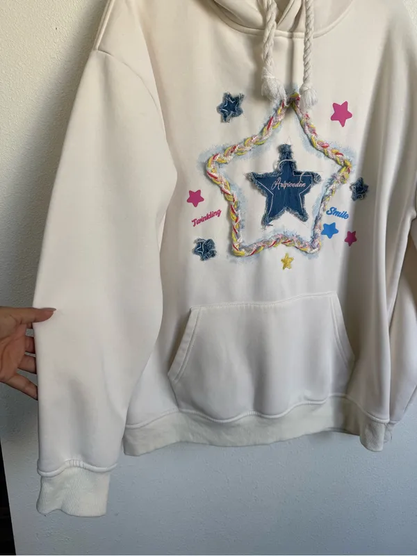 Elfric Eden Star Graphic Hoodie Cream Fleece Y2K Streetwear M - Image 3