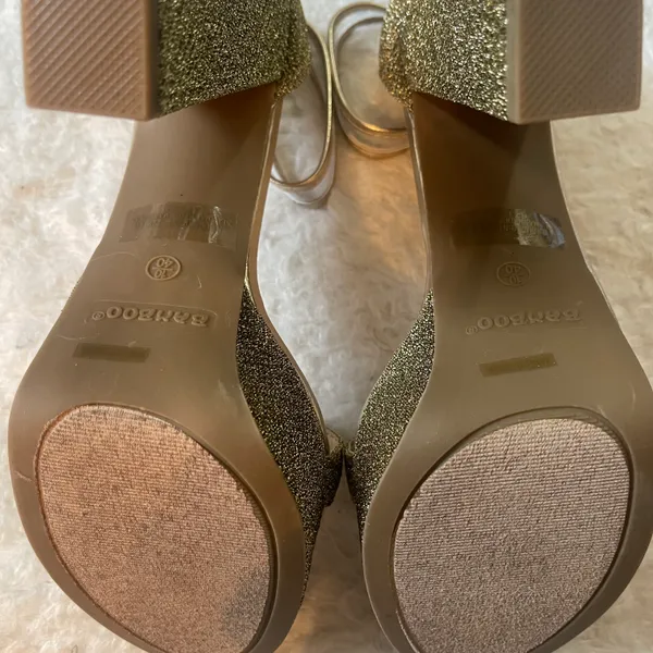 Bamboo Gold metallic glittery felt platform pump high heels with clear buckle straps - Image 8