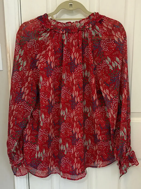 LOFT Long Sleeve Printed Red Top with Ruffle Trim - Image 2