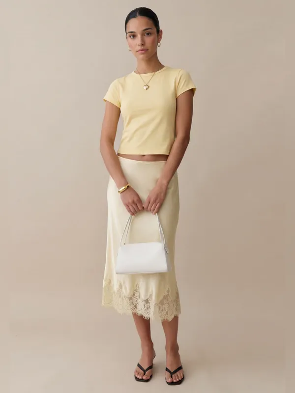 NWT Evren Silk Midi Skirt size Small S Lace trim butter yellow o.p.t - Image 5