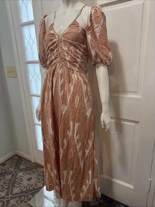Mirth 100%cotton Rust Tie-Dye Midi Dress with Puff Sleeves size medium - Image 7