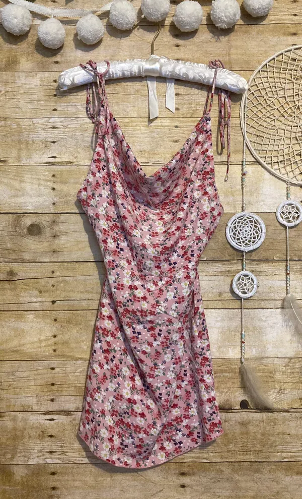 Beginning Boutique Your LA Catch Cowl Neck Mini Dress in Pink Floral - Image 4
