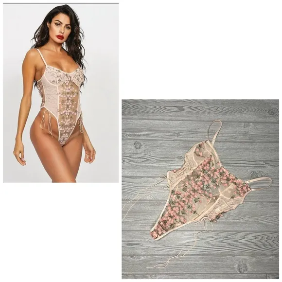 Women’s sheer panel floral embroidered appliqué pink lingerie sleepwear large - Image 2