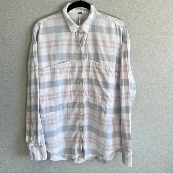Free People Loveland Plaid Button‎ Up Boho Frayed Hem Shirt - Image 2