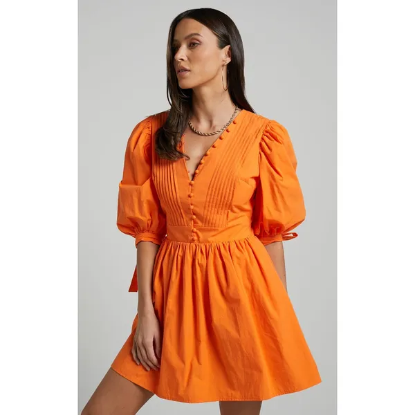 Showpo Zandra Mini Dress Size 8 Orange Puff Sleeve Cotton Poplin Vibrant Bright - Image 8