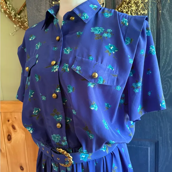 Blue Midi Dress 80s Blouson Floral Print Dress Button Back 80s Draped High Waist - Image 2