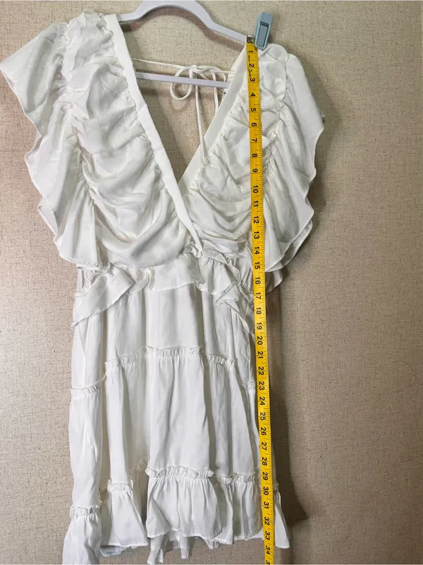glam White Ruffled Mini Dress Sz M - Image 3