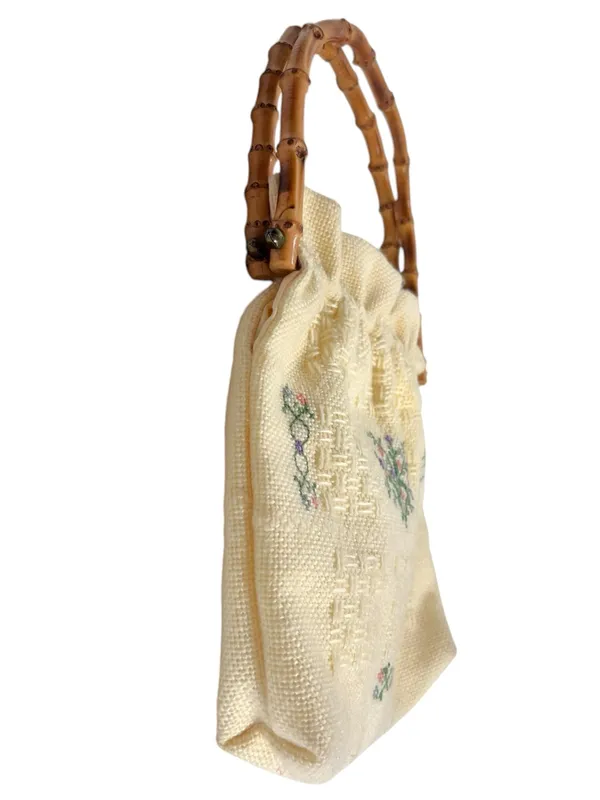 Vintage Monogram “S” Embroidered Cross Stitch Bamboo Handle Cottagecore Bag - Image 4