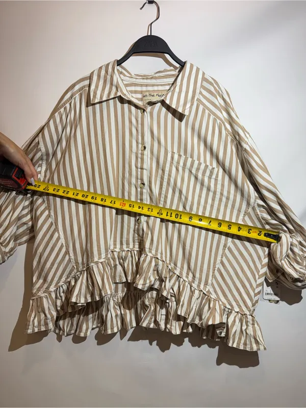 NWT Free People Bailey Navy Stripe Ruffle Hem Cotton Button Up Shirt XL - Image 5