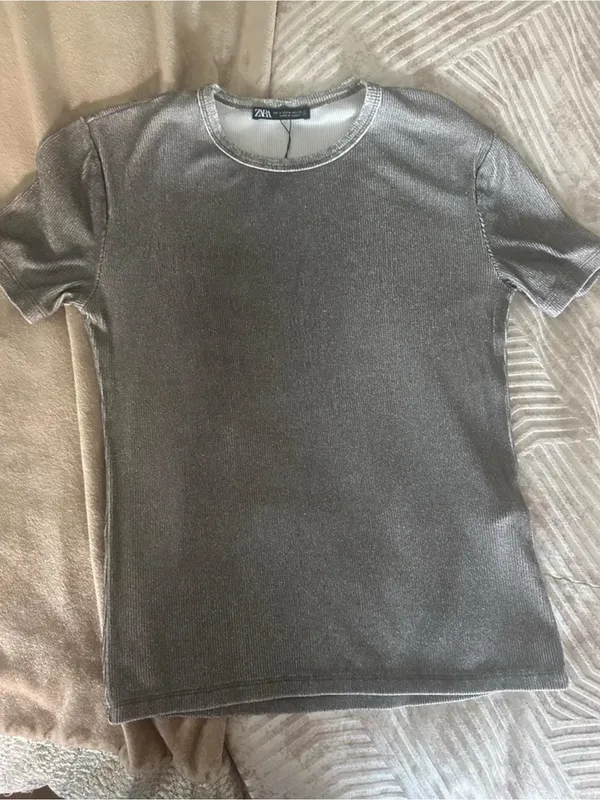 Zara women Metallic Silver Crew Neck T-Shirt - Image 7