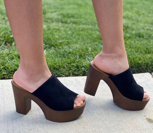 Black Vegan Suede Peep Toe Clog Mule Block Heel - Image 2