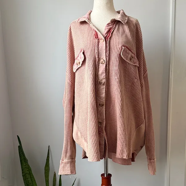 Free People One Scout Waffle Knit Jacket Pink Slouchy Dolman Sleeves - Image 2