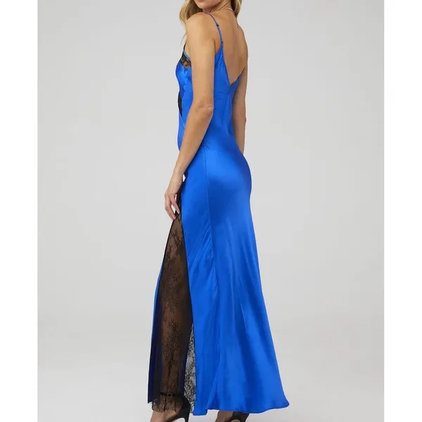 Delfi Collective Alexis Dress Size Small‎ Blue Satin Black Lace Panels Slip Maxi - Image 2