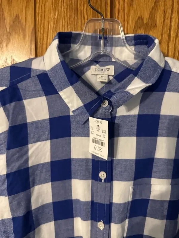 NWT J. Crew Size Medium Blue White Plaid 100% Cotton Flannel Button Up Shirt NEW - Image 6