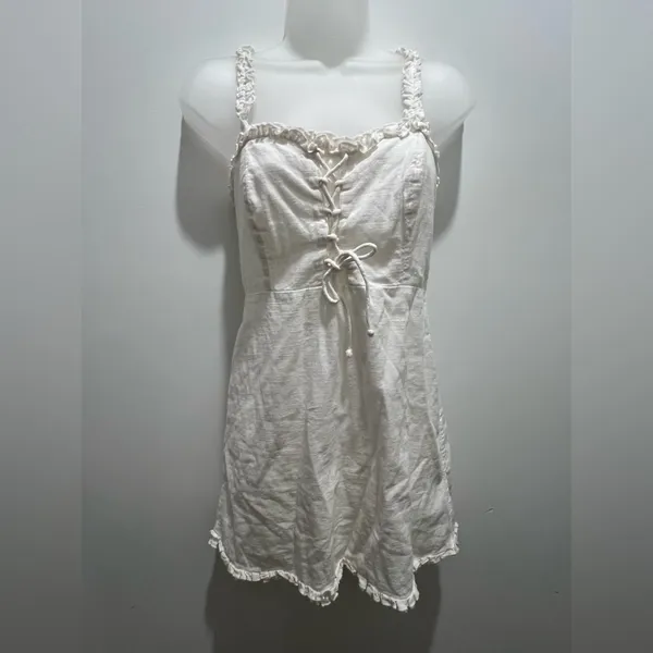 Urban Outfitters Cream Smocked Back Ruffle Hem Mini Dress S - Image 2
