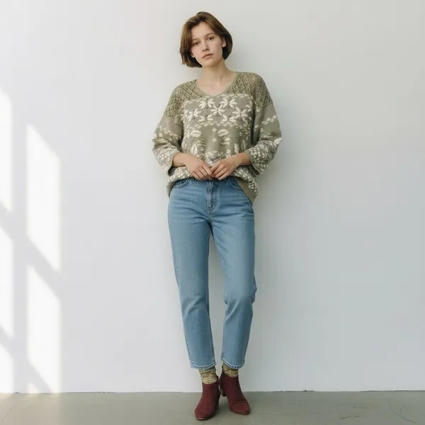 Vintage 90s Tan Floral Embroider Knit Gold poms Cottagecore Grandmacore Sweater - Image 8