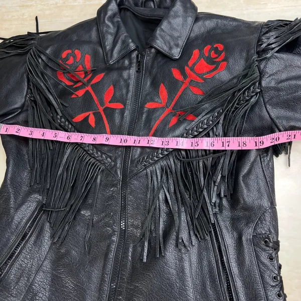 Womens Black Leather Fringe Motorcycle Jacket Red Rose Embroidery Western Size M - Image 10