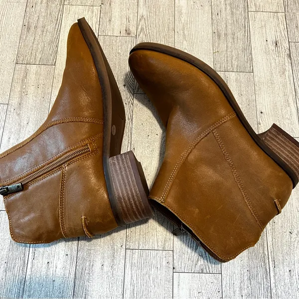 Lucky Brand Pedera Leather Ankle Boots Brown Stacked Heel Side Zip Bootie 7M - Image 5
