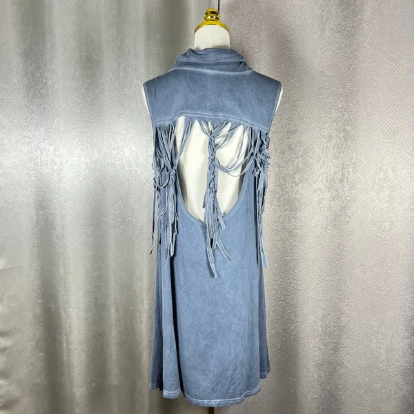 POL Womens Blue Mineral Wash Cowl Neck Fringe Open Back Sleeveless Mini Dress L - Image 5