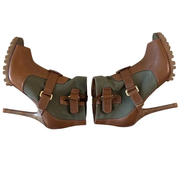 Tory Burch Oren Peep Toe‎ Booties Olive Brown Leather 8 - Image 9