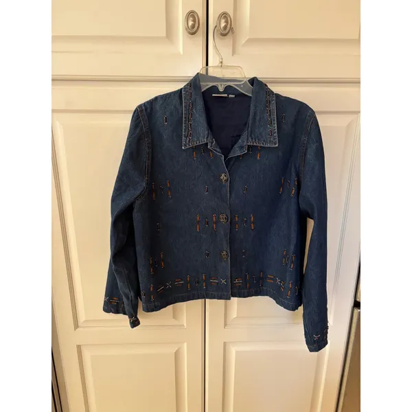 Parsley & Sage Women Large Denim Jacket Beaded Embroidered Boho Art to Wear crop - Image 2