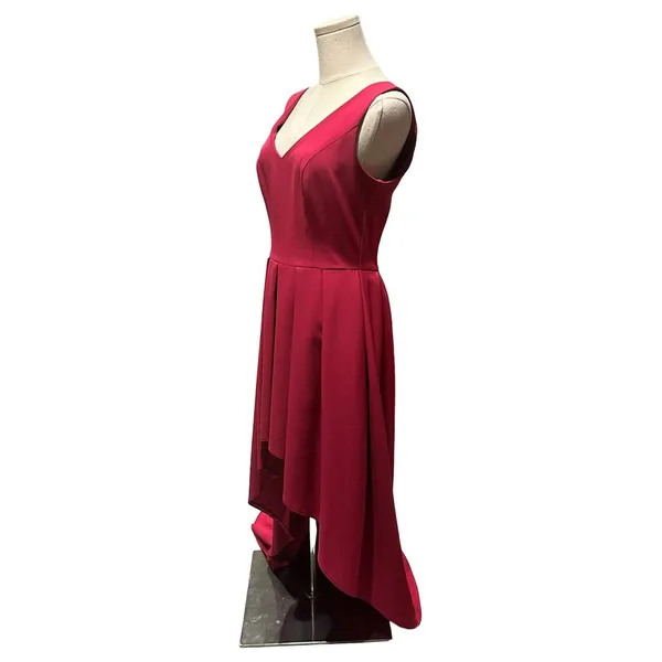 Rudika Women's Sleeveless V-Neck High-Low Pleated Party Dress in Burgundy Red - Image 2