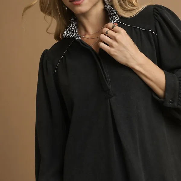 Umgee French Terry Balloon Sleeve Shift Dress with‎ Leopard Print Detail - Image 5