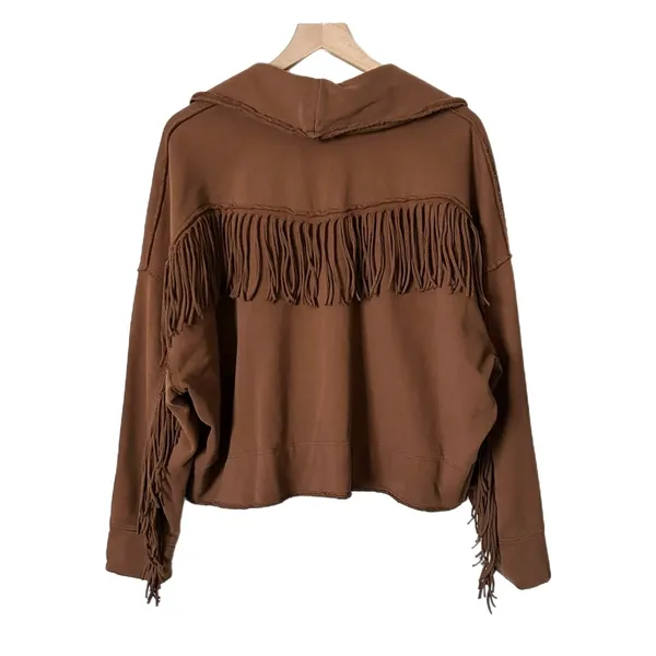 Free People Ragabond Wyatt Fringe Cardigan 100% Organic Cotton Brown Fringe XS - Image 3