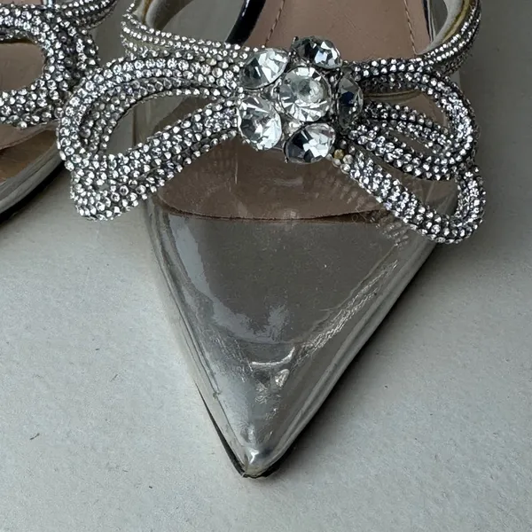 Silver Metallic Clear PVC Crystal Bow Pointed Toe Heels Black Tie Wedding Prom - Image 4